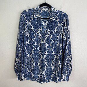 Express Portofino Shirt Womens Large Blue White Original Roll Tab Sleeve Blouse